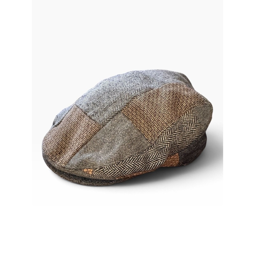 Mens Patchwork Tweed Flat Cap Brown Grey Herringbone Newsboy Driving Hat